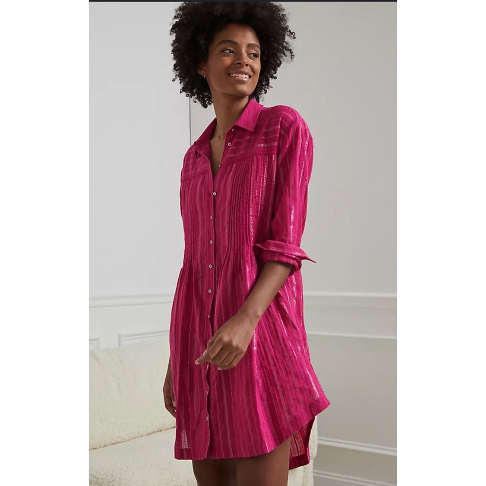 Anthropologie Weekender Shirtdress Metallic Stripe Pink Button Down Swim M EUC